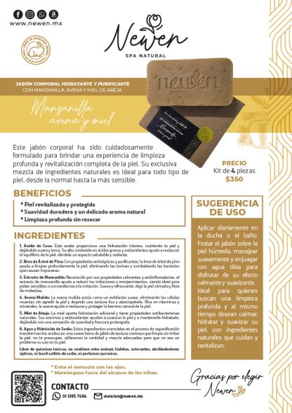 Jabón Corporal Hidratante y Purificante con Manzanilla, Avena y Miel de Abeja - 4 piezas. - Imagen 3